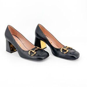 Gucci Baby Horsebit Black Leather Block Heel Pumps Shoes Size 39 US 9 Women's